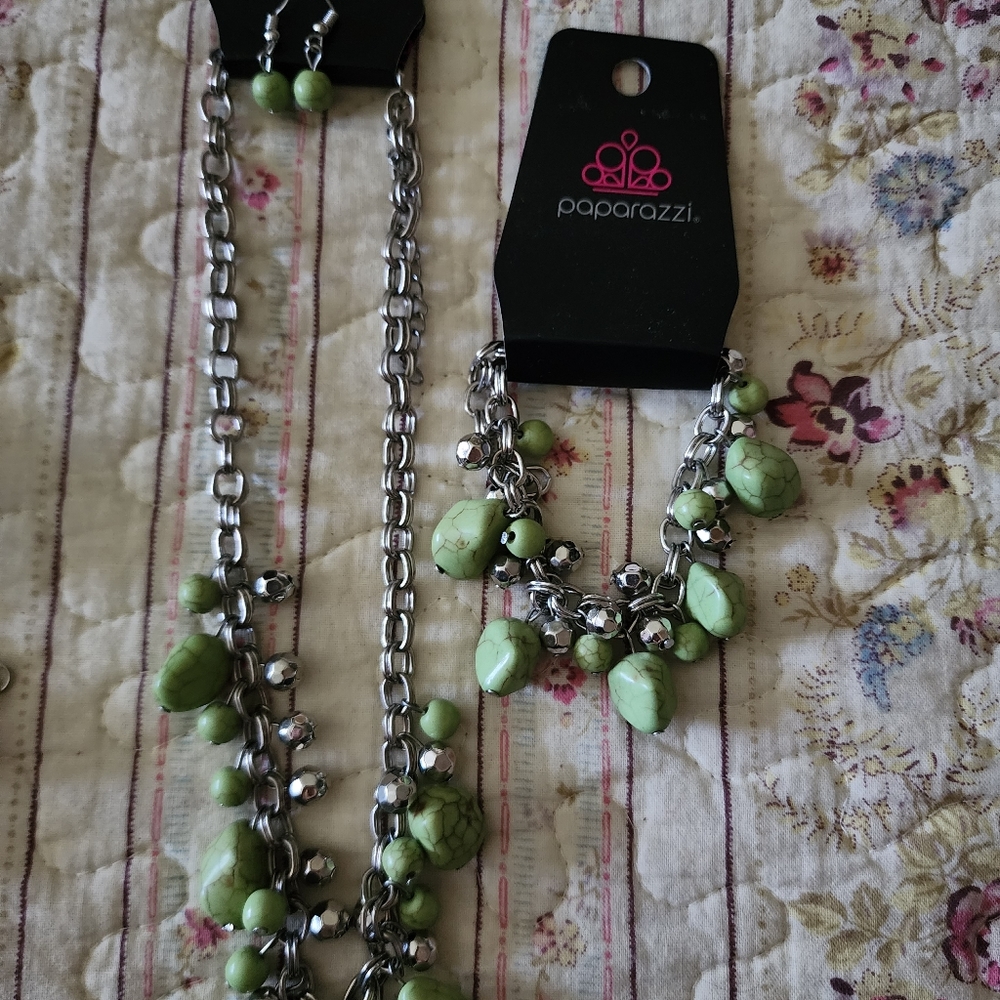 Paparazzi Practical Paleo Green Stone Double Chain Bracelet & Necklace Set